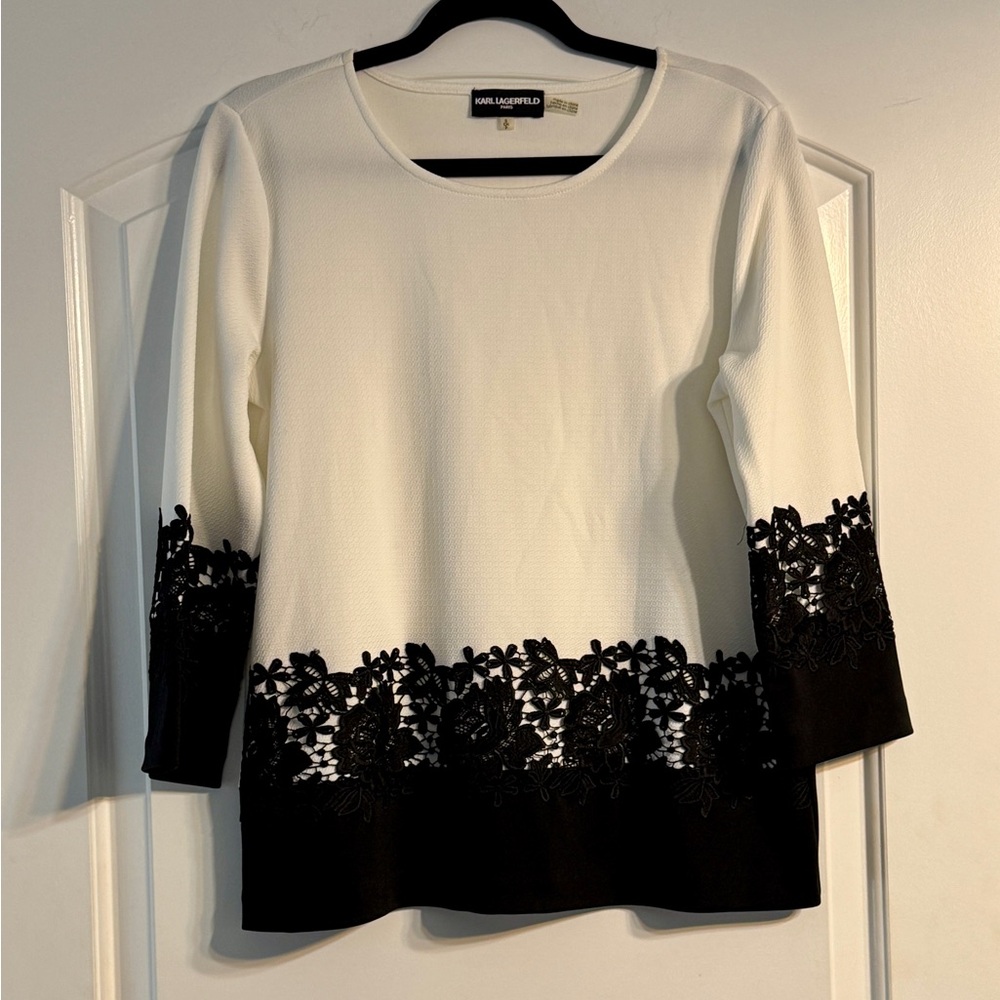 Karl Lagerfeld Paris Blouse Womens Size S White Black Lace Trim Parisian Chic